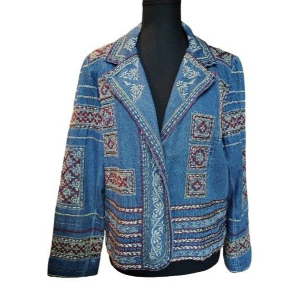 Coldwater Creek Embroidered Denim Jacket Blazer Blue Red Size PM Petite Medium
